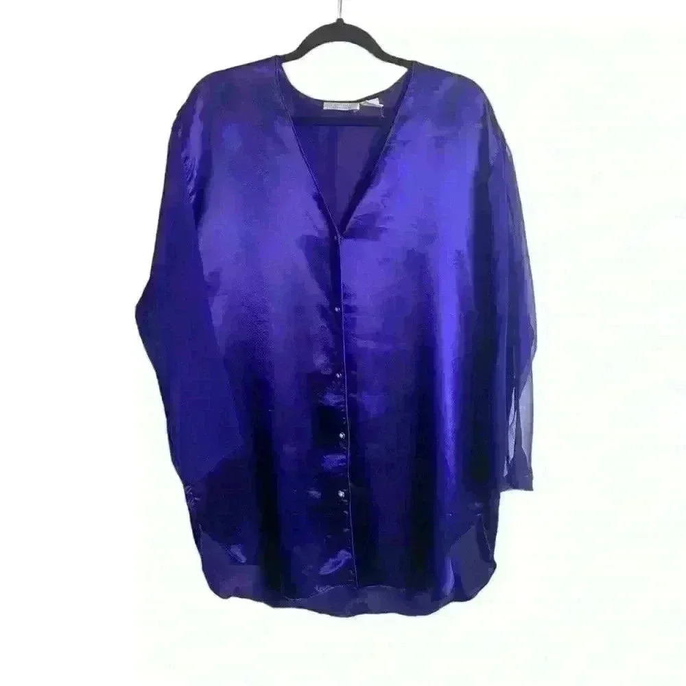 Vintage Victoria Secret M/L Nightgown Purple Pearl Button Down Sheer Sleeves